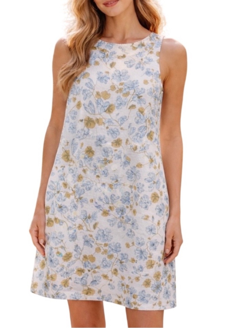 Joie Sleeveless Blue & Cream Floral Linen Shift Dress S